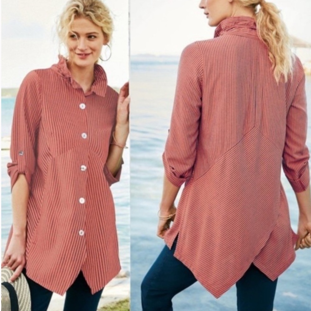 Soft Surroundings Sasha Striped Tunic, Pieced Front & Back Top, Sz M, Tab Sleeve